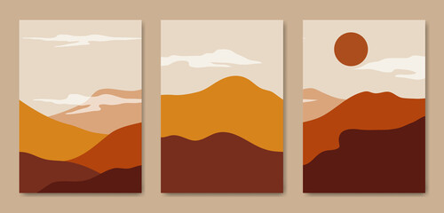 Naklejka na ściany i meble Abstract landscape collage. Nature wall decor contemporary art prints, mid century mountain posters. Vector illustration