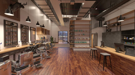 Barber shop interior 3d illustration