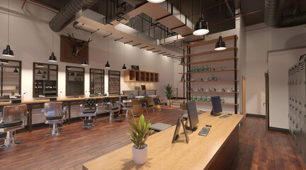 Barber shop interior 3d illustration