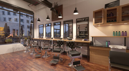 Barber shop interior 3d illustration