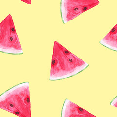 seamless pattern pieces of ripe watermelon watercolor isolated on yellow background, textile, wrapping paper, scrapbooking, summer mood