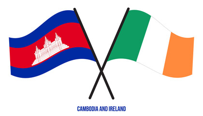 Cambodia and Ireland Flags Crossed And Waving Flat Style. Official Proportion. Correct Colors.