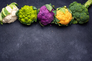 Purple, yellow, white and green color cauliflowers