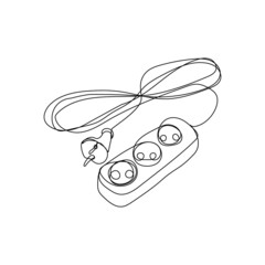 Electric extension cord with three plugs continuous line drawing. One line art of socket, European and American electrical plug, 220 volt, socket adapter.