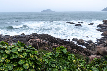 Waves beat against the coastal sea rocks. Coastal sea rocks. Sea rocks view in Brazil