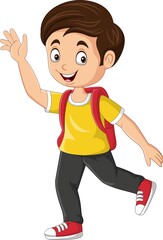 Cartoon happy school boy waving hand