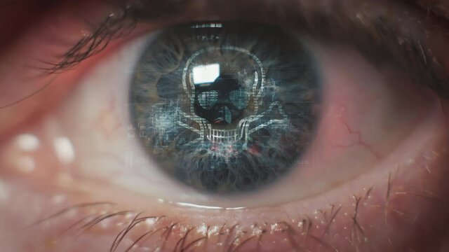 Close up of a eye iris with a glitching skull icon - 3d render animation