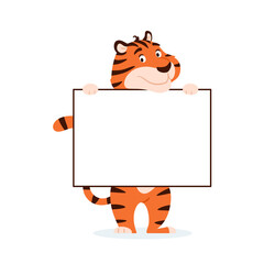 Cute cartoon tiger with banner, blank text space isolated on white background. Adorable happy holiday striped wildcat with poster frame. Smiling Chinese New Year 2022 symbol Animal vector illustration