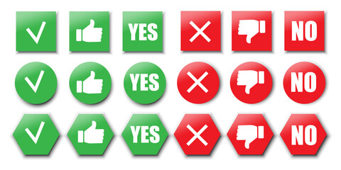 Collection of yes and no icon. Colored geometric shapes. Social media. Flat button. Vector illustration. Stock image.