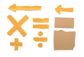 Post-it paper, text frame, tear paper into symbols addition subtraction multiplication division mathematics.