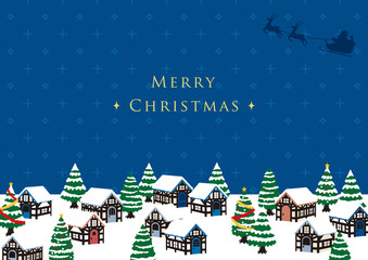 クリスマスの街並みとサンタクロース ドット柄の雪　青背景 横 文字あり