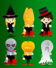 Kids dressed for Halloween holding a bottle. Vector cartoon character illustration of kids ready to Trick or Treat.