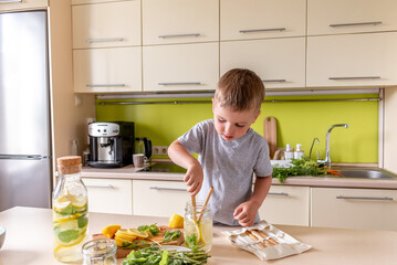 Child boy prepares lemonade in the kitchen. Refreshing drink. Summer heat. Vegetarian food concept.