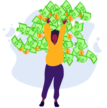 Happy Woman Getting Cash. Person Saving Money, Getting Profit Or High Income Flat Vector Illustration. Earning, Finance, Success Concept For Banner, Website Design Or Landing Web Page