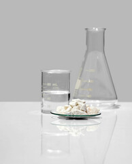 Close up chemical ingredient on white laboratory table. Calcium carbonate Chip in Chemical Watch...