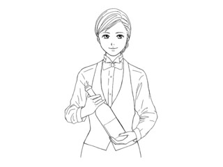 ソムリエの女性_ワイン_線画