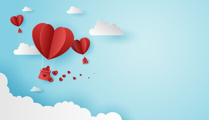 Obraz na płótnie Canvas Paper art of love and valentine day with paper heart balloon and gift box float on the blue sky. can be used for Wallpaper, invitation, posters, banners. Vector design