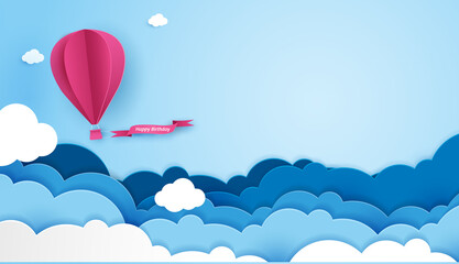 Fototapeta na wymiar Paper art of birthday with balloon and cloud in the sky. can be used for Wallpaper, invitation, posters, banners. Vector design