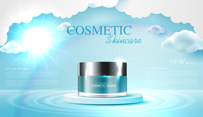 Cosmetics or skin care product ads with bottle, banner ad for beauty products with paper art of love and valentine day with paper heart and cloud. vector design.