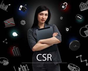 Business, Technology, Internet and network concept. Young businessman working on a virtual screen of the future and sees the inscription: CSR