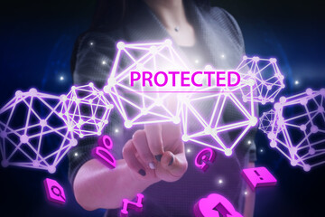 Business, Technology, Internet and network concept. Young businessman working on a virtual screen of the future and sees the inscription: Protected