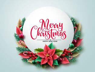 Merry christmas text vector background. Christmas greeting typography in circle frame space with xmas garland ornament elements for holiday season card decoration. Vector illustration. 