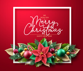 Obraz na płótnie Canvas Merry christmas greeting text vector background. Christmas background design with xmas garland ornament elements for holiday season card decoration. Vector illustration. 