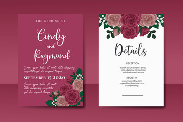 Wedding invitation frame set, floral watercolor Digital hand drawn Maroon Rose Flower design Invitation Card Template