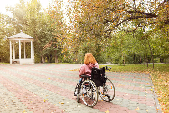 disabled girl in a wheelchair looks at an empty gazebo in an autumn park. View from the back. loneliness for a walk. Independence of people with disabilities.


