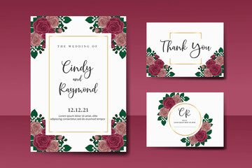 Wedding invitation frame set, floral watercolor Digital hand drawn Maroon Rose Flower design Invitation Card Template