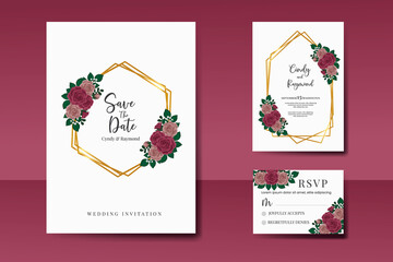 Wedding invitation frame set, floral watercolor Digital hand drawn Maroon Rose Flower design Invitation Card Template