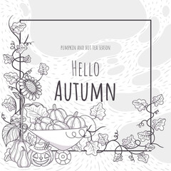 Vector element with autumn design in black and white. Pumpkins and curly leaves with framed text. For postcards, invitations, packaging design or coloring