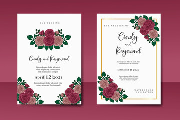 Wedding invitation frame set, floral watercolor Digital hand drawn Maroon Rose Flower design Invitation Card Template