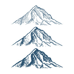 set of mountains peaks, vintage, old looking hand drawn, sketch, different versions for hiking, climbing. Vector