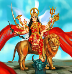 Indian Goddess Sherawali Maa with Tiger illustration Navratri Durga Maa With Red Cloth Flying