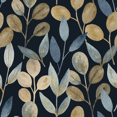 Watercolor seamless pattern with golden shimmering abstract plants and leaves for fabric and design.