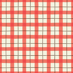 Classic Hand-Drawn Red, White Tartan Plaid Checks Vector Seamless Pattern. Traditional Retro Textile Print Perfect for Fashion, Home decor, Stationery