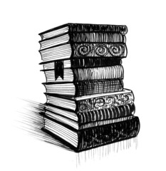 Fototapeta premium Stack of old books. Ink black and white drawing