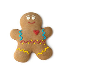 Gingerbread man isolated on white background. Christmas still life. Copy space.