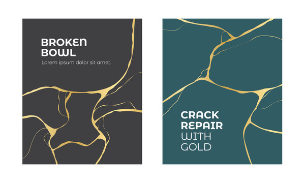 Kintsugi Broken Ceramic Gold Crack Repair Abstract Lines Vector Design Poster