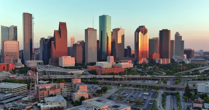 Downtown Houston skyline aerial at sunset &ndash; business district