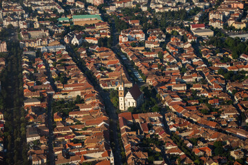 ROMANIA ,Bistrita, Panoramic aerial view and Evangelical Church, august 2020