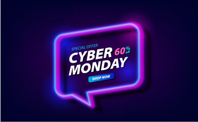 Cyber monday sale offer promotion banner digital glow purple and blue neon techno electric