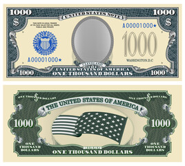 Fictional template obverse and reverse of US paper money. One thousand dollar banknote. Empty oval, stars-striped flag and guilloche frames. Cleveland
