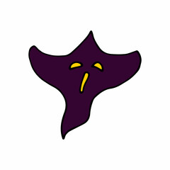 Doodle Halloween frightening ghost. Cartoon purple character isolated on white background. Hand-drawn cute scary evil spirits. Vector apparition sign for spooky autumn holidays, print, trick or treat