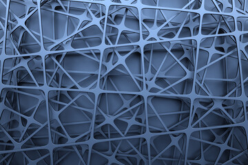 3d illustration of rows of  blue stripes flanking cells.Set of mesh on blue background. Square pattern. Technology geometry  background