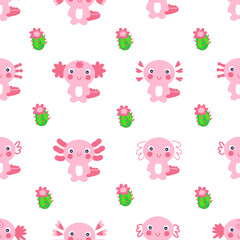Hand drawn seamless pattern with axolotls and cactuses. Perfect for T-shirt, textile and prints. Cartoon style vector illustration for decor and design.
