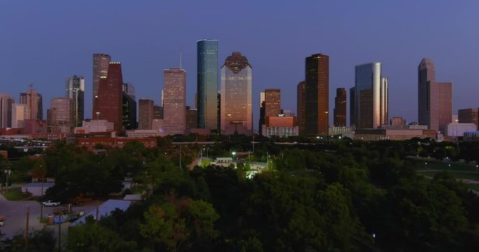 Aerial view of downtown Houston at night