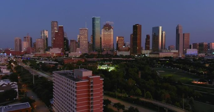 Aerial view of downtown Houston at night