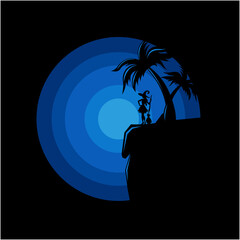witch silhouette logo illustration on cliff vector